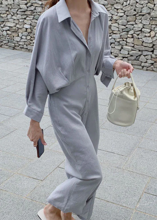 Plus Size Elegant Grey Blue Button Cotton Shirt Dress - Image 2