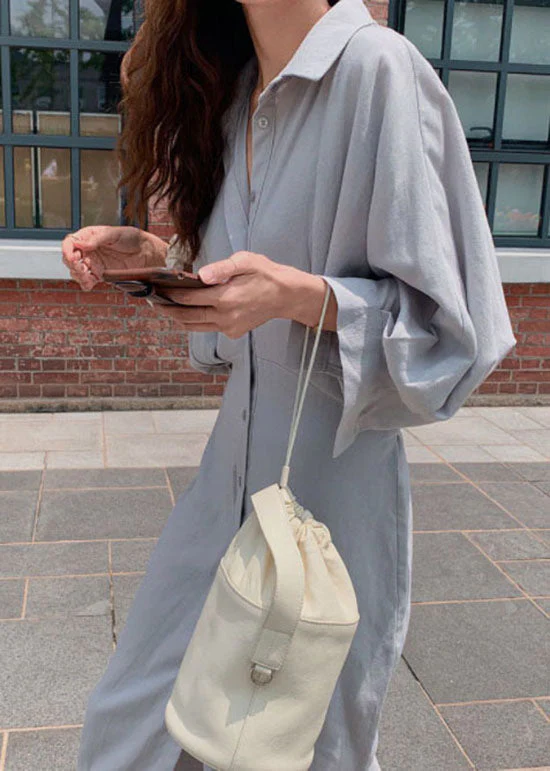 Plus Size Elegant Grey Blue Button Cotton Shirt Dress - Image 3