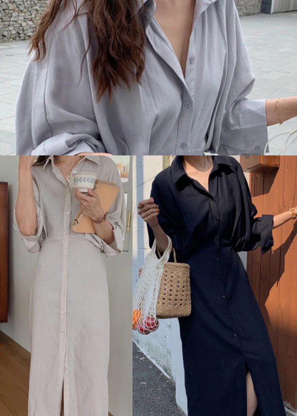 Plus Size Elegant Grey Blue Button Cotton Shirt Dress - Image 5