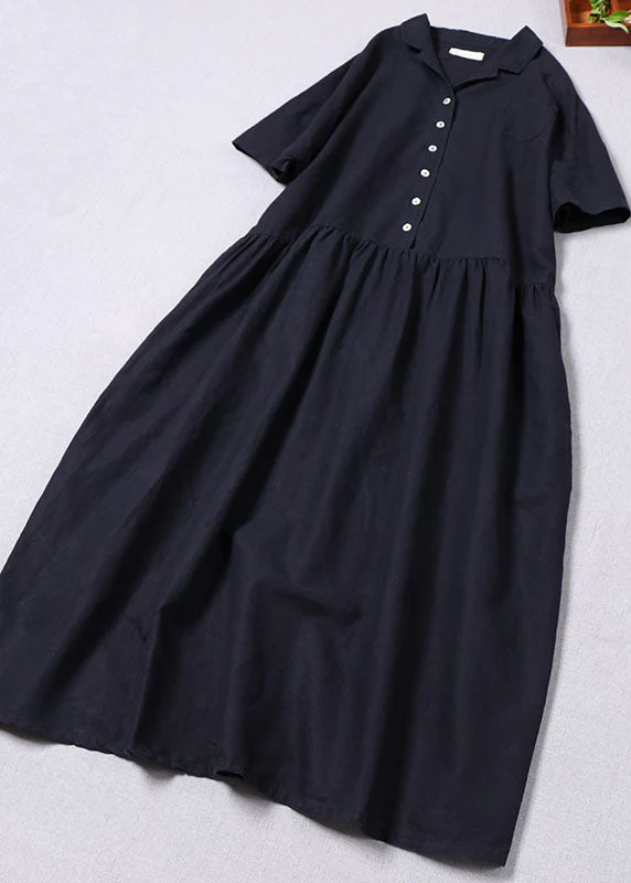 Plus Size Elegant Navy Button wrinkled Dresses Spring - Image 2