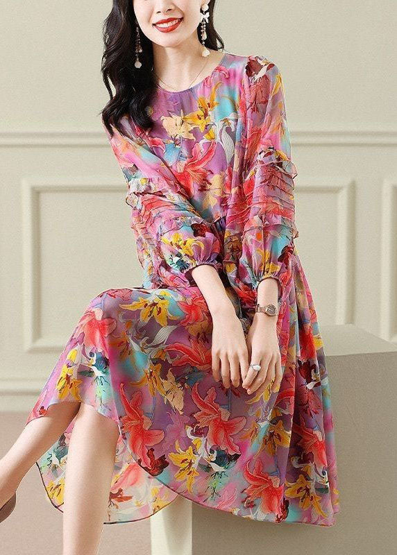 Plus Size Floral O Neck Wrinkled Patchwork Chiffon Long Dress Summer - Image 2