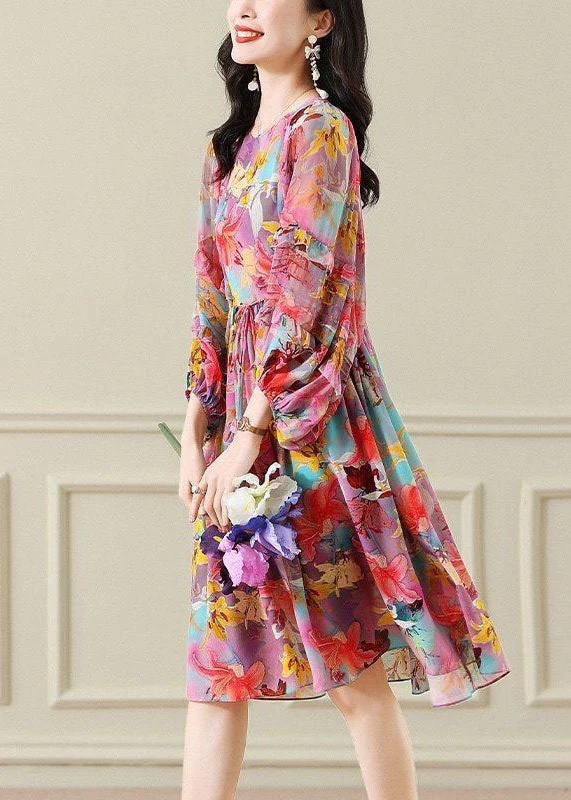 Plus Size Floral O Neck Wrinkled Patchwork Chiffon Long Dress Summer - Image 3