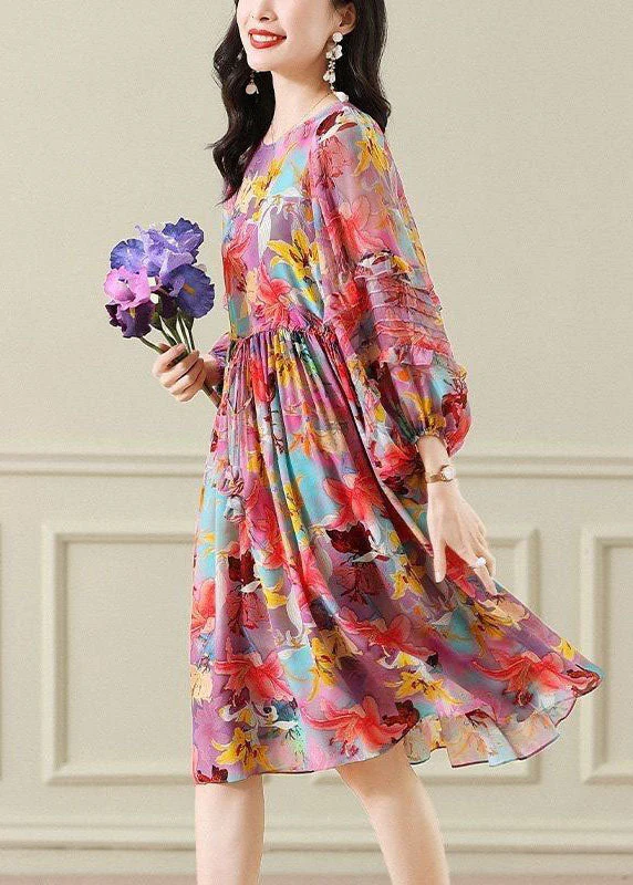 Plus Size Floral O Neck Wrinkled Patchwork Chiffon Long Dress Summer - Image 4