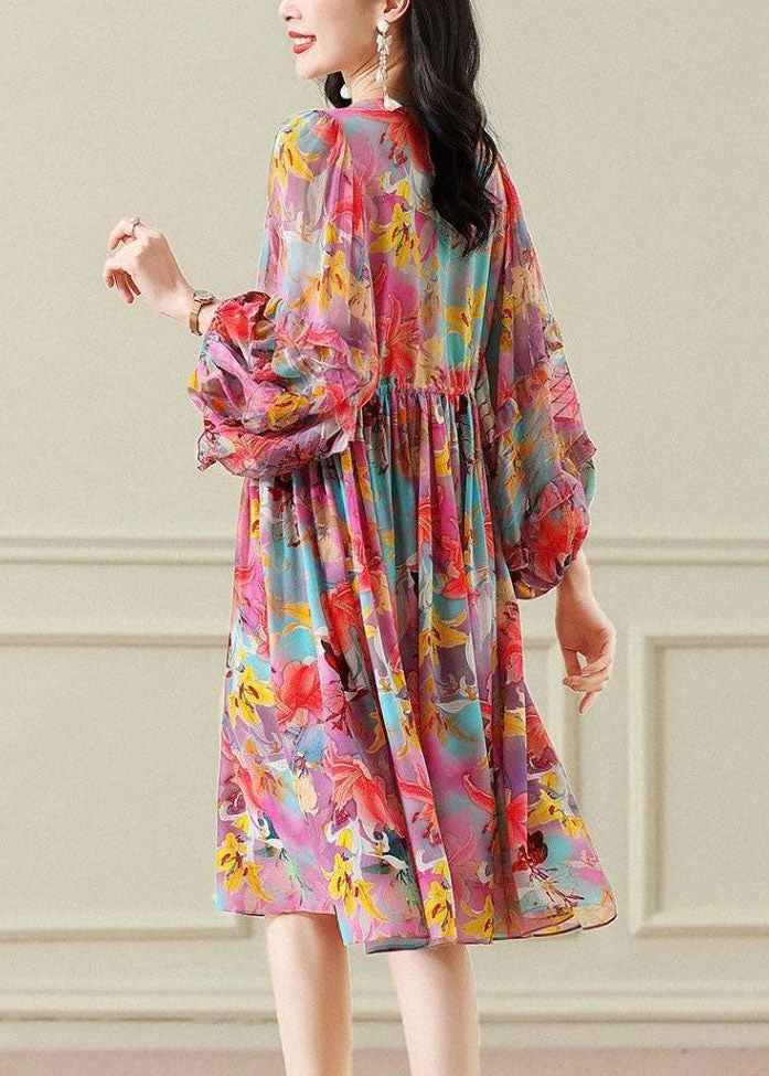Plus Size Floral O Neck Wrinkled Patchwork Chiffon Long Dress Summer - Image 5