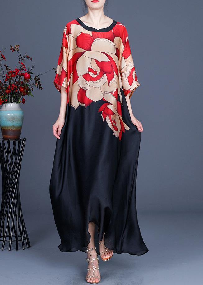 Plus Size flower and bird pattern Print O-Neck Chiffon Summer Dress - Image 3