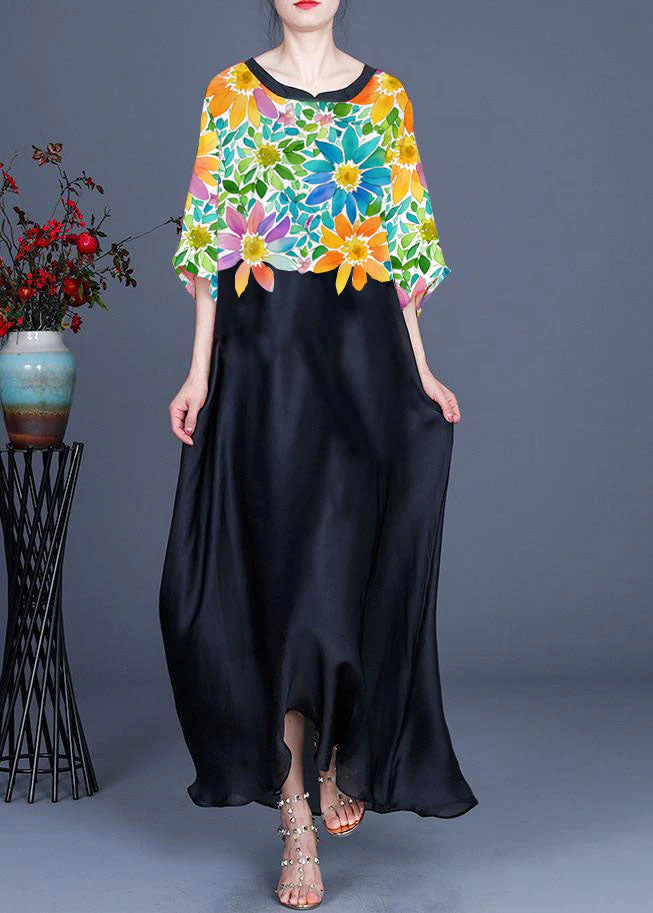 Plus Size flower and bird pattern Print O-Neck Chiffon Summer Dress - Image 8