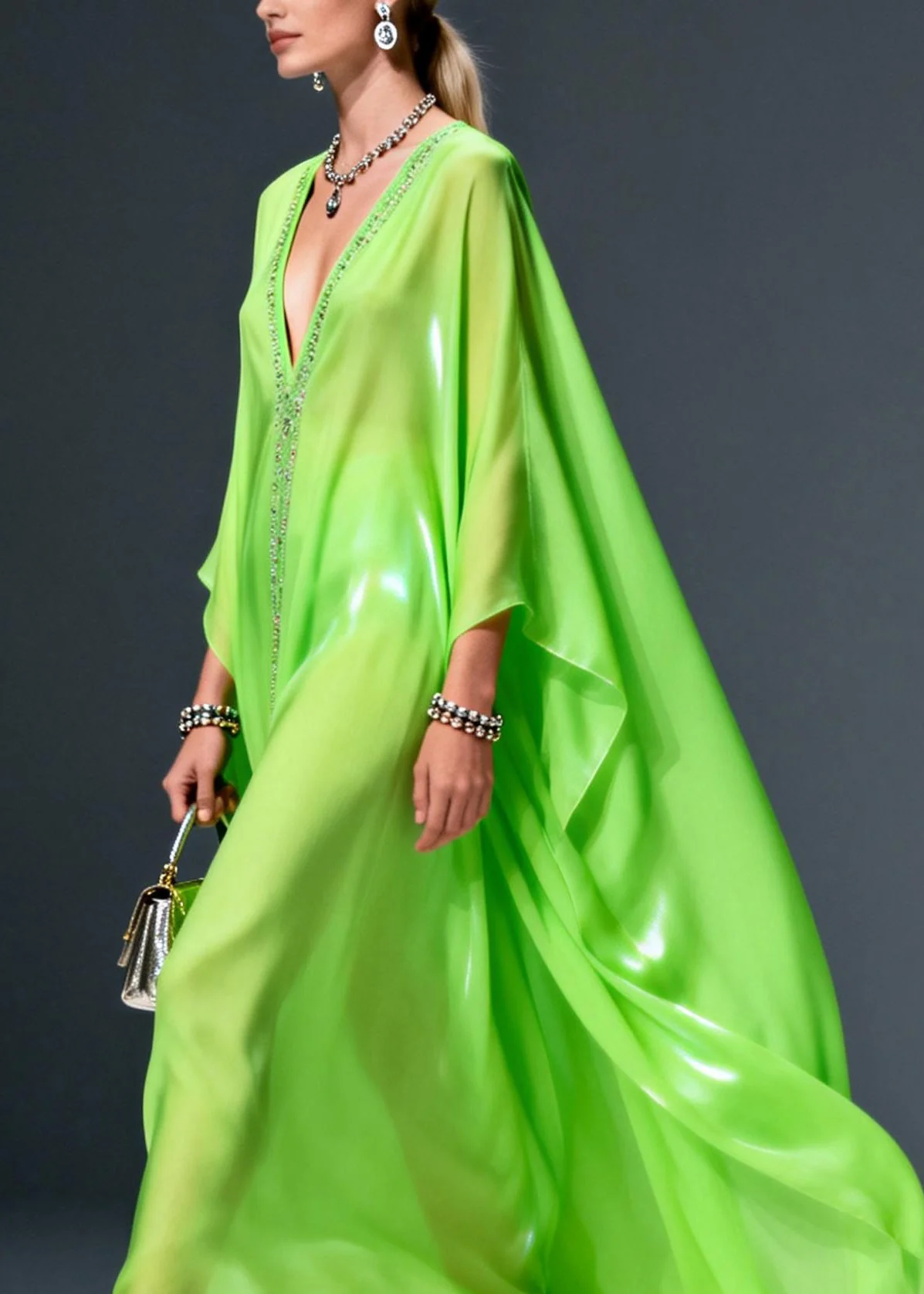 Plus Size Fluorescent Green V Neck Zircon Chiffon Long Dress Spring - Image 2