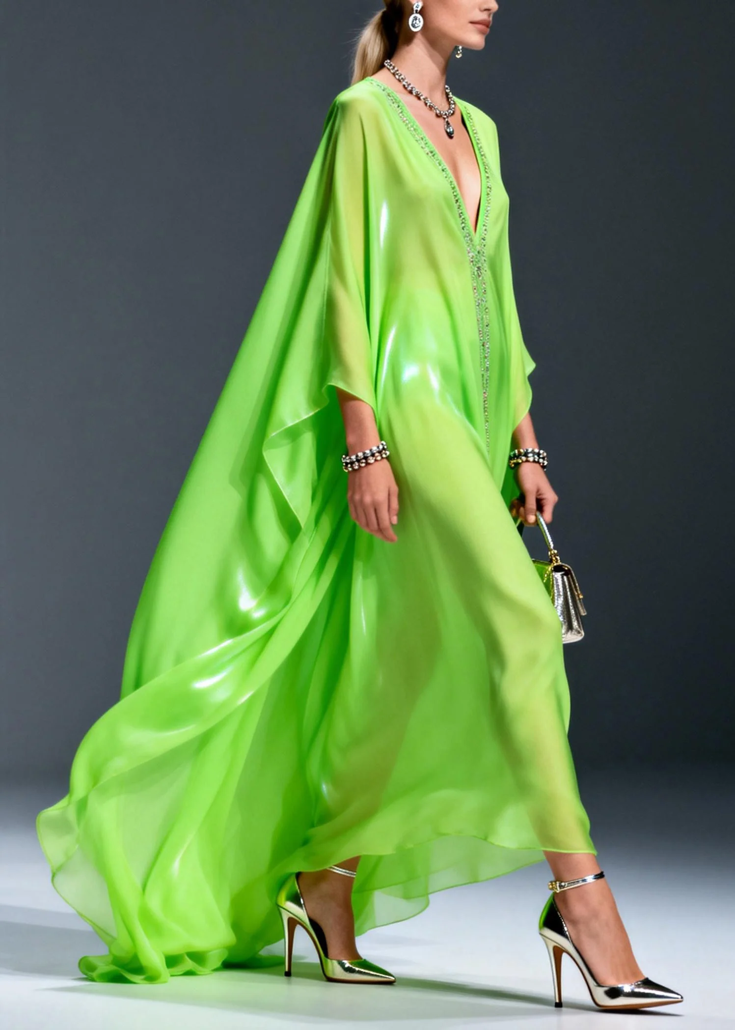 Plus Size Fluorescent Green V Neck Zircon Chiffon Long Dress Spring - Image 3