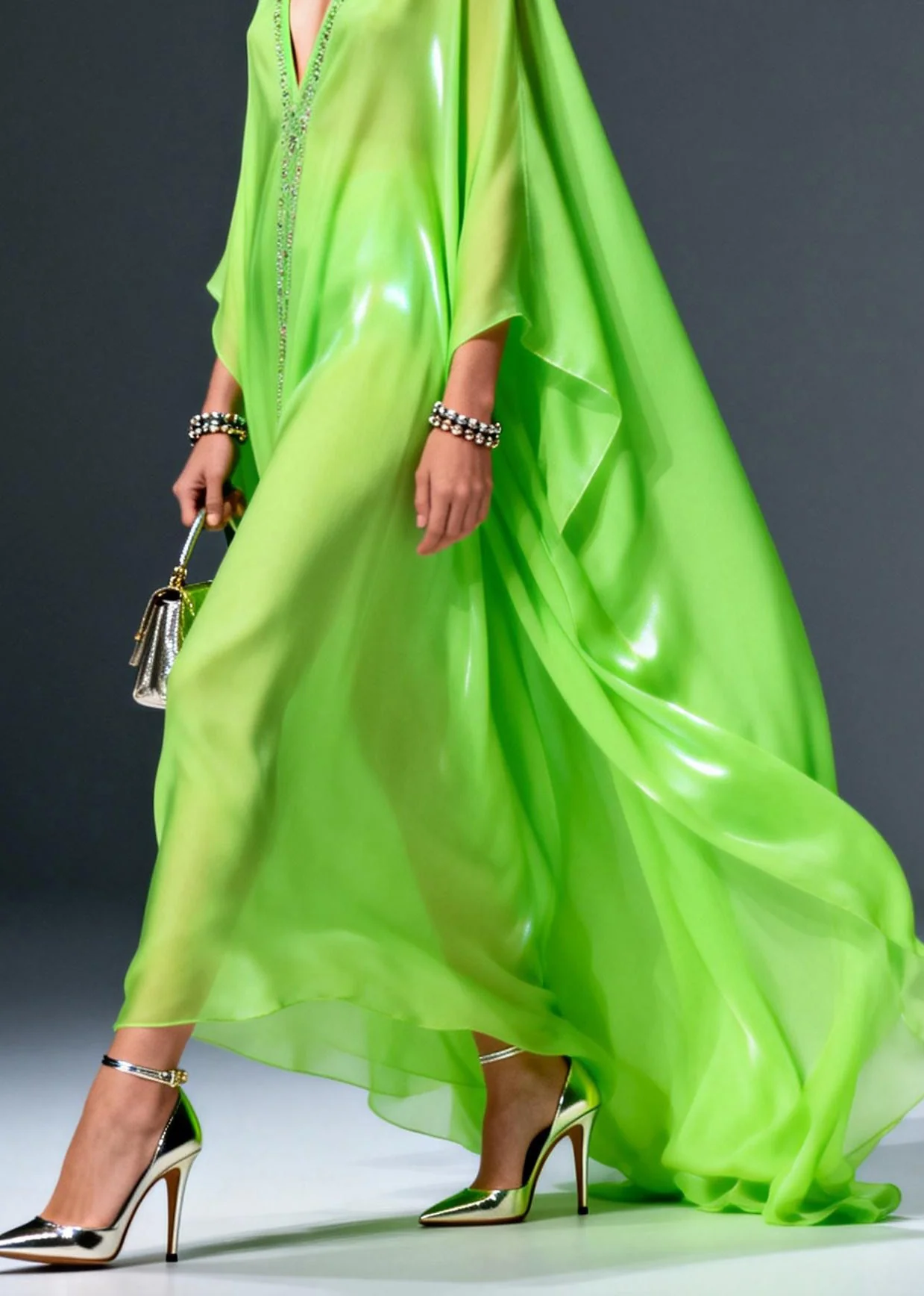 Plus Size Fluorescent Green V Neck Zircon Chiffon Long Dress Spring - Image 4