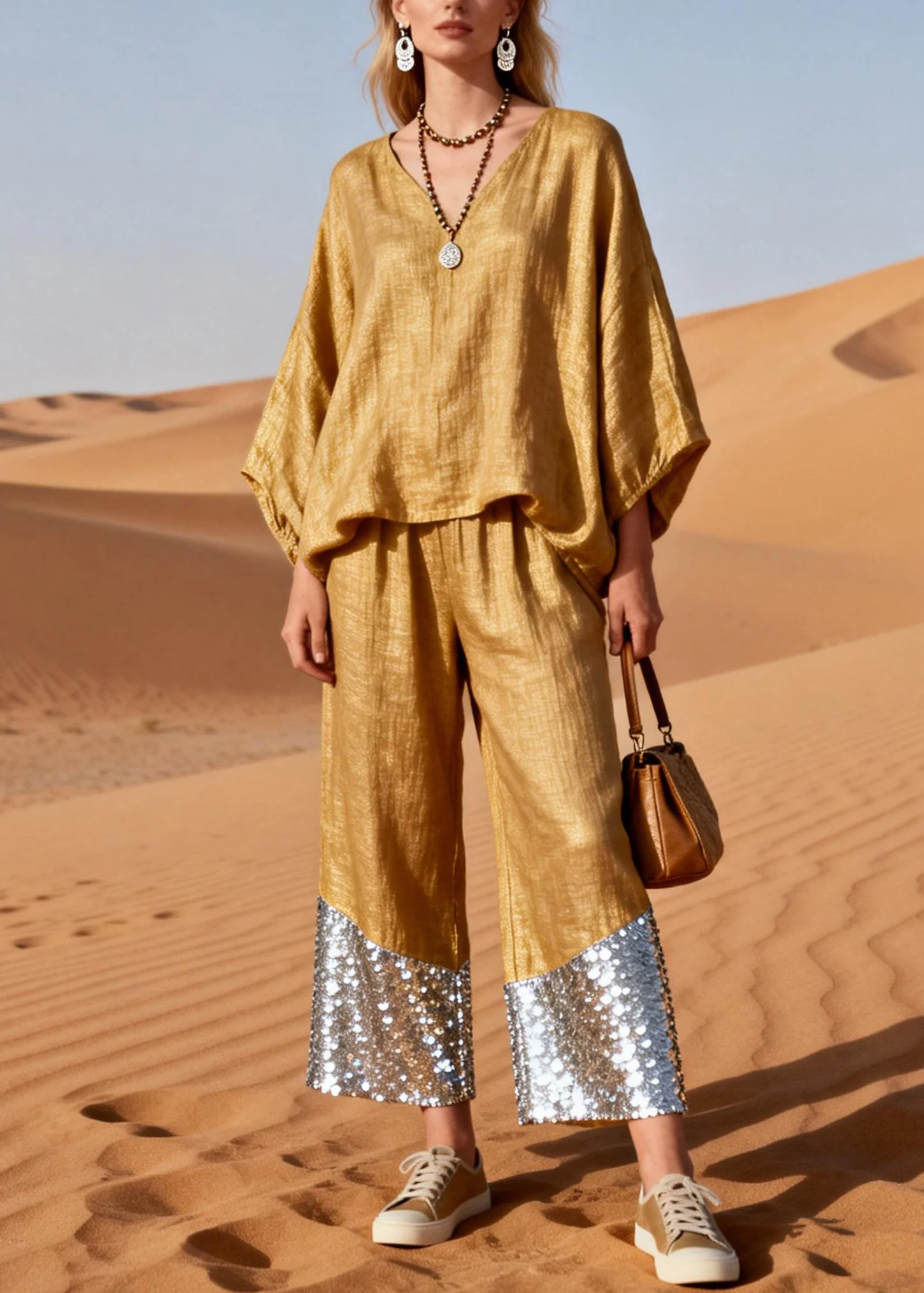 Plus Size Gold V Neck Sequins Patchwork Oversized Linen Two Piece Set Spring - Image 3