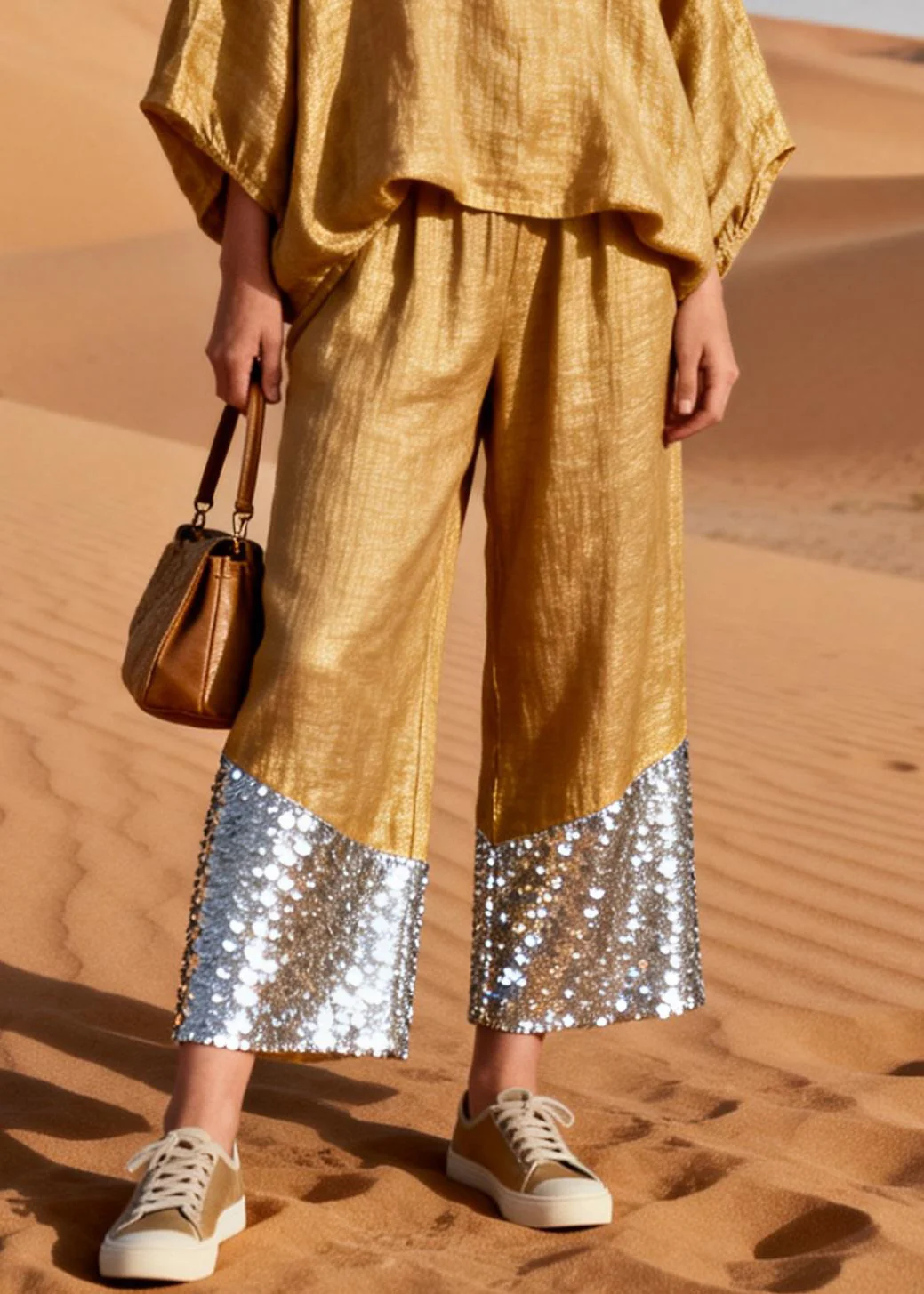 Plus Size Gold V Neck Sequins Patchwork Oversized Linen Two Piece Set Spring - Image 4