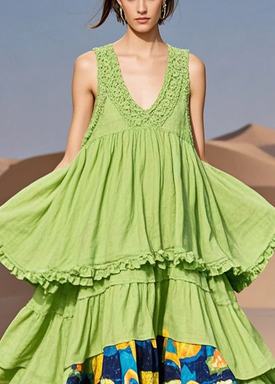 Plus Size Grass Green Ruffled Patchwork Cotton Dress Summer - Image 2
