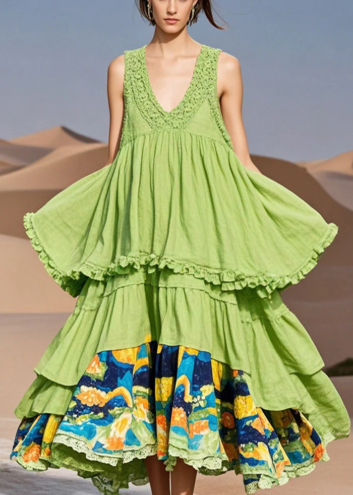 Plus Size Grass Green Ruffled Patchwork Cotton Dress Summer - Image 3