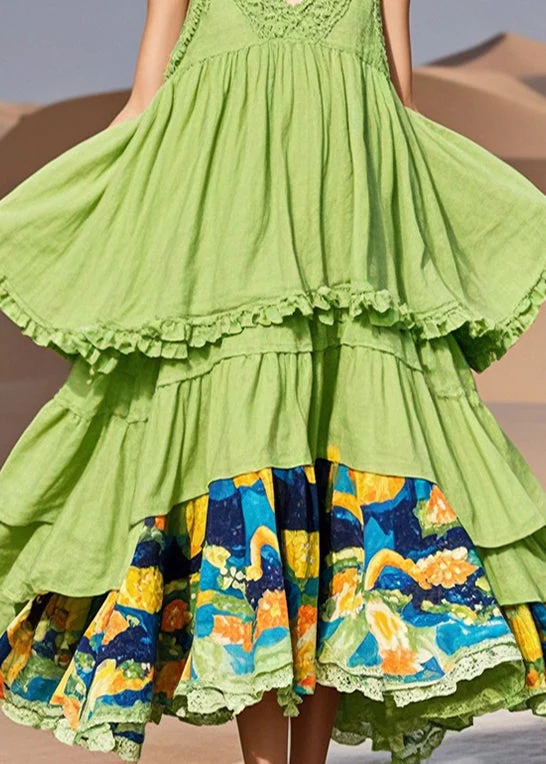Plus Size Grass Green Ruffled Patchwork Cotton Dress Summer - Image 4