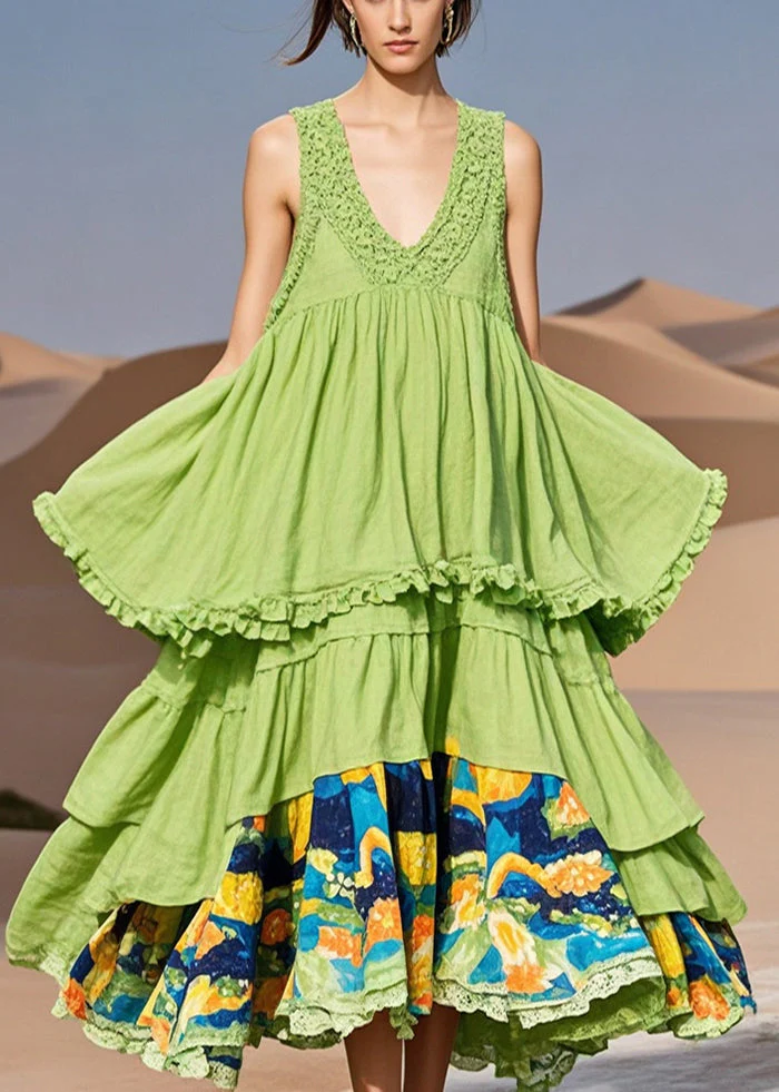 Plus Size Grass Green Ruffled Patchwork Cotton Dress Summer - Image 5