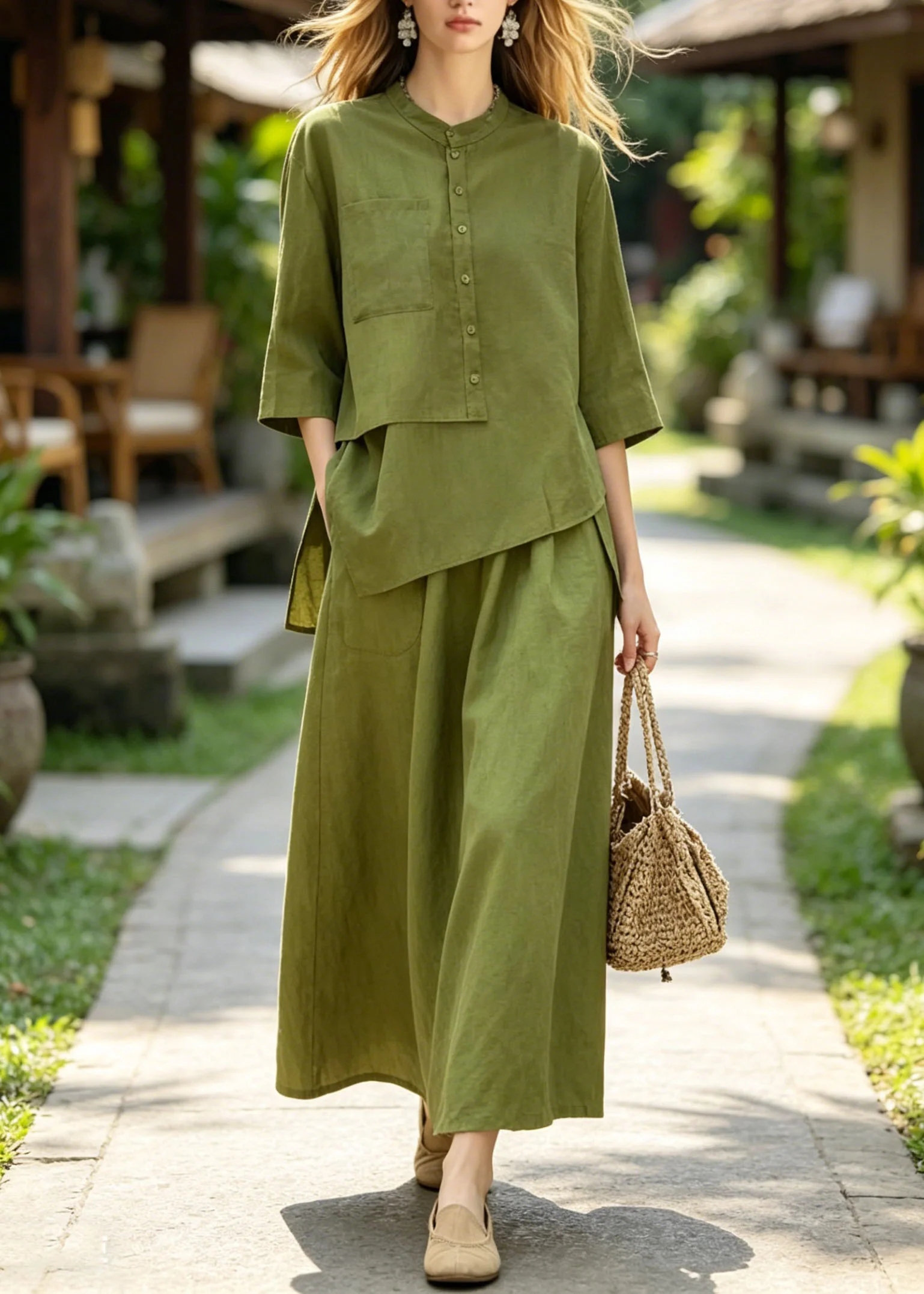 Plus Size Green Asymmetrical Top And Skirts Cotton 2 Piece Outfit Summer - Image 3