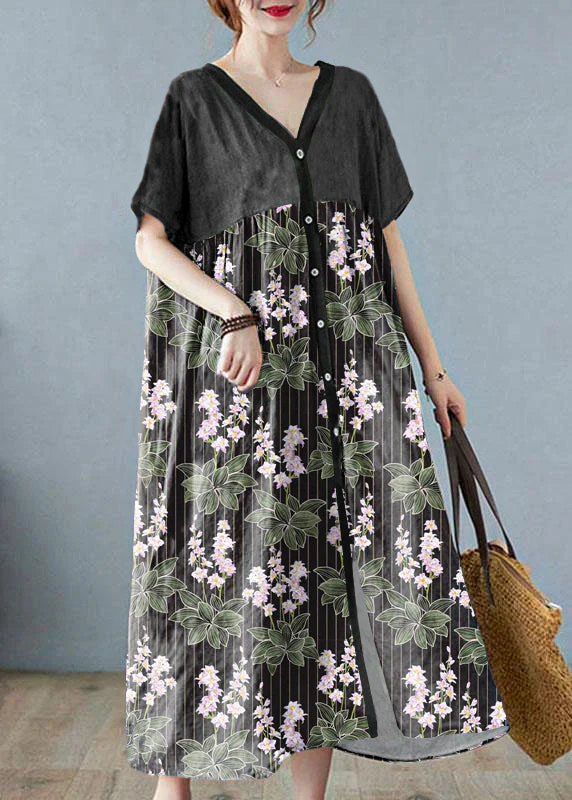 Plus Size Green bamboo Retro Button Summer Print Half Sleeve Maxi Dress - Image 3