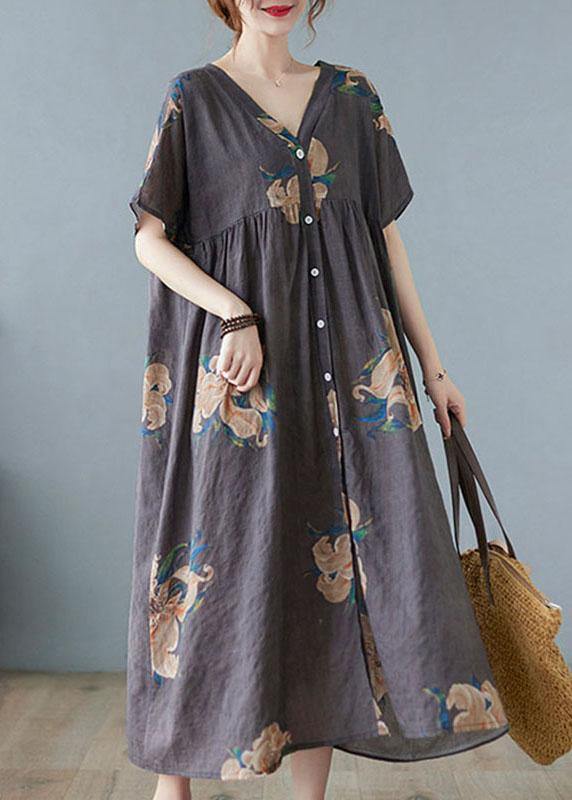 Plus Size Green bamboo Retro Button Summer Print Half Sleeve Maxi Dress - Image 4