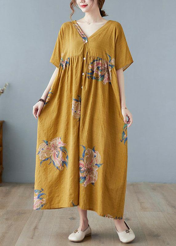 Plus Size Green bamboo Retro Button Summer Print Half Sleeve Maxi Dress - Image 5