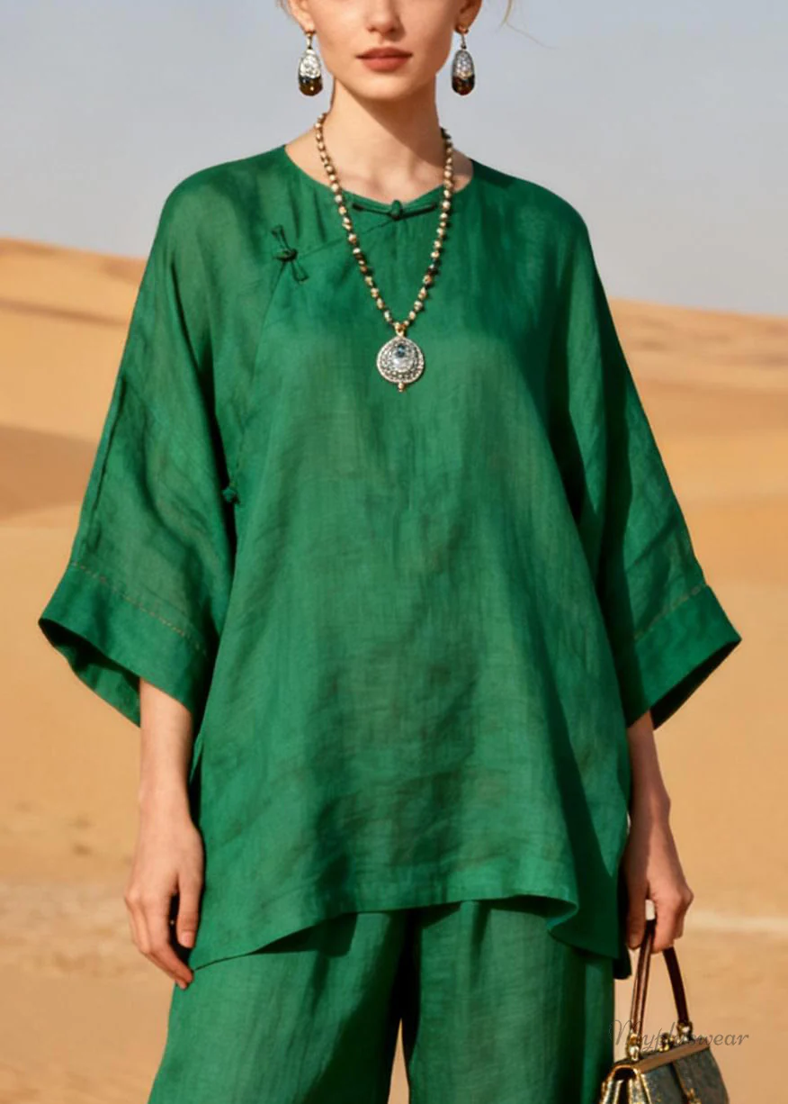 Plus Size Green Chinese Button Solid Patchwork Linen Two Pieces Set - Image 2
