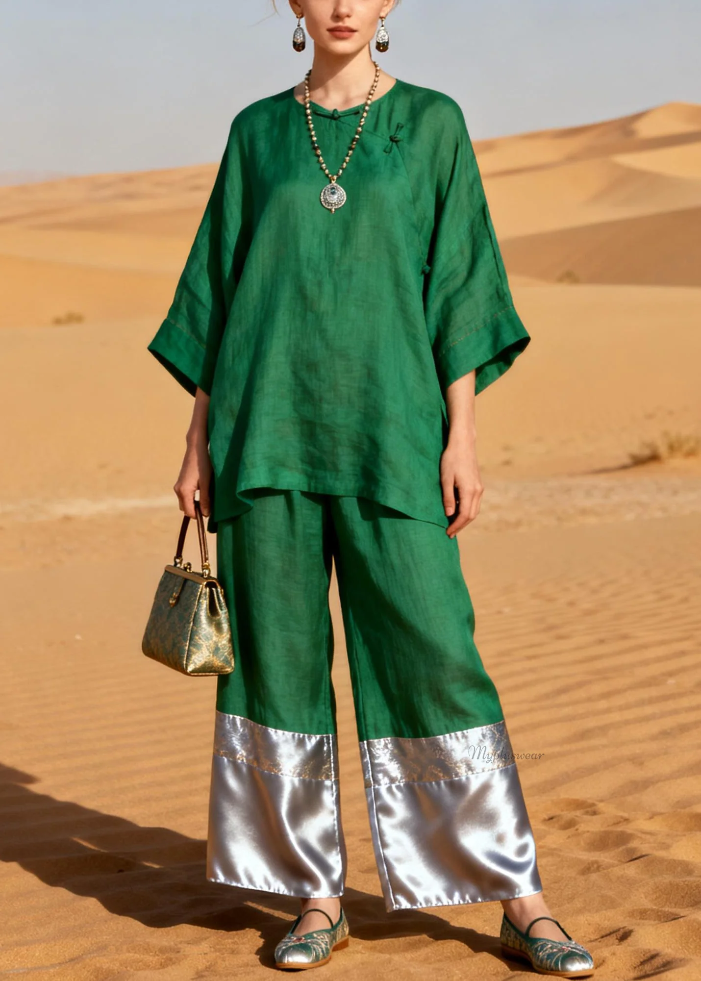 Plus Size Green Chinese Button Solid Patchwork Linen Two Pieces Set - Image 3