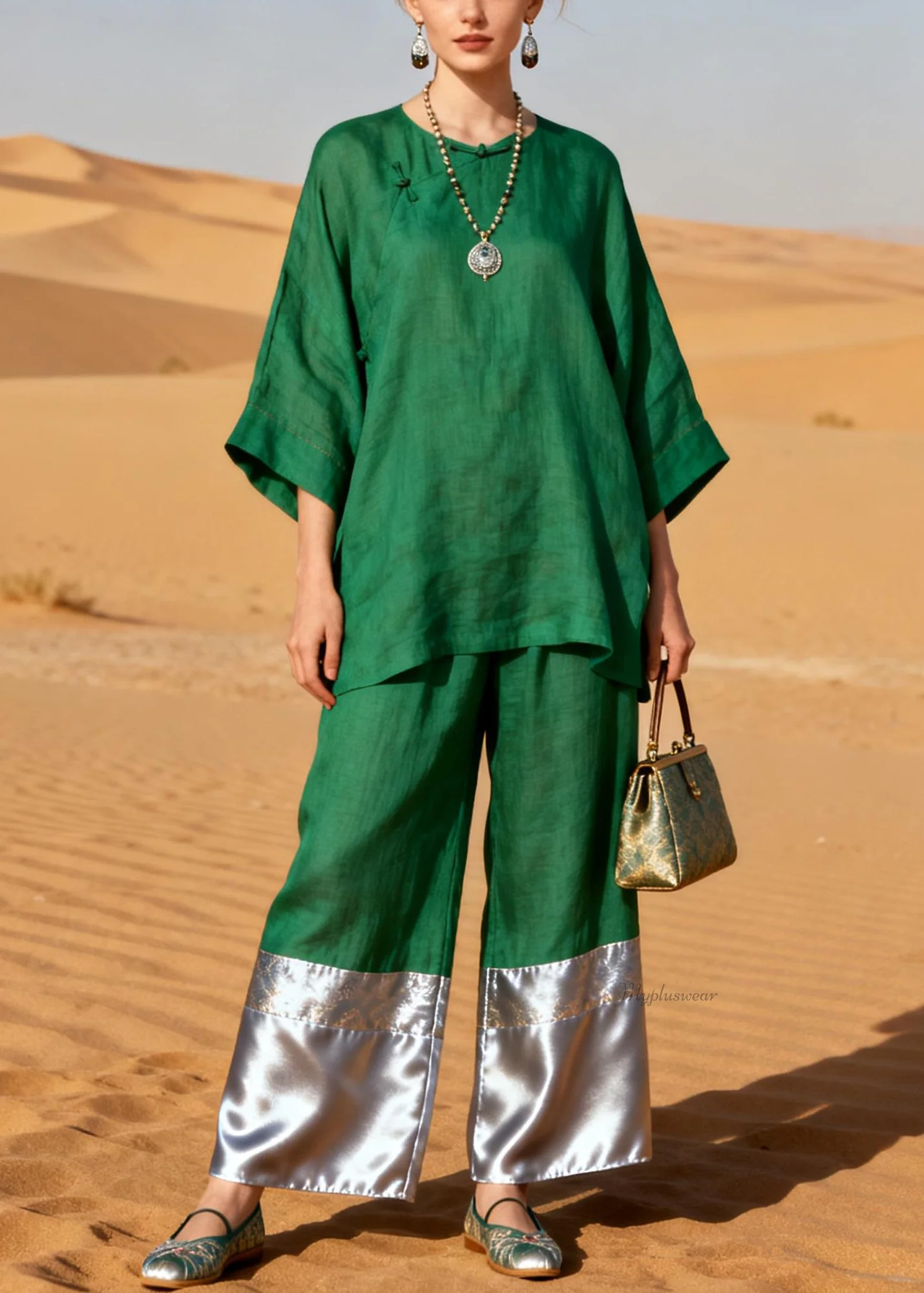 Plus Size Green Chinese Button Solid Patchwork Linen Two Pieces Set - Image 5