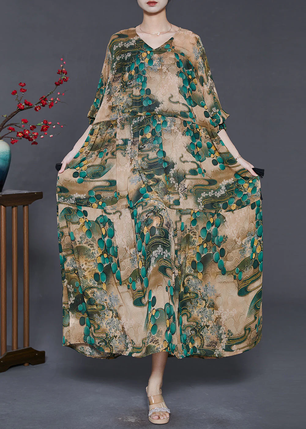Plus Size Green Cinched Print Chiffon Long Dress Fall - Image 2