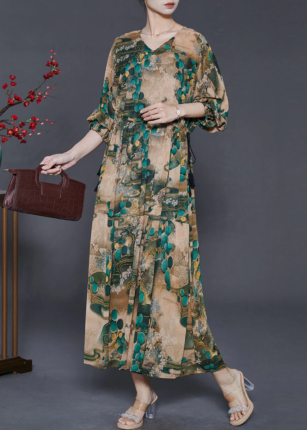 Plus Size Green Cinched Print Chiffon Long Dress Fall - Image 3