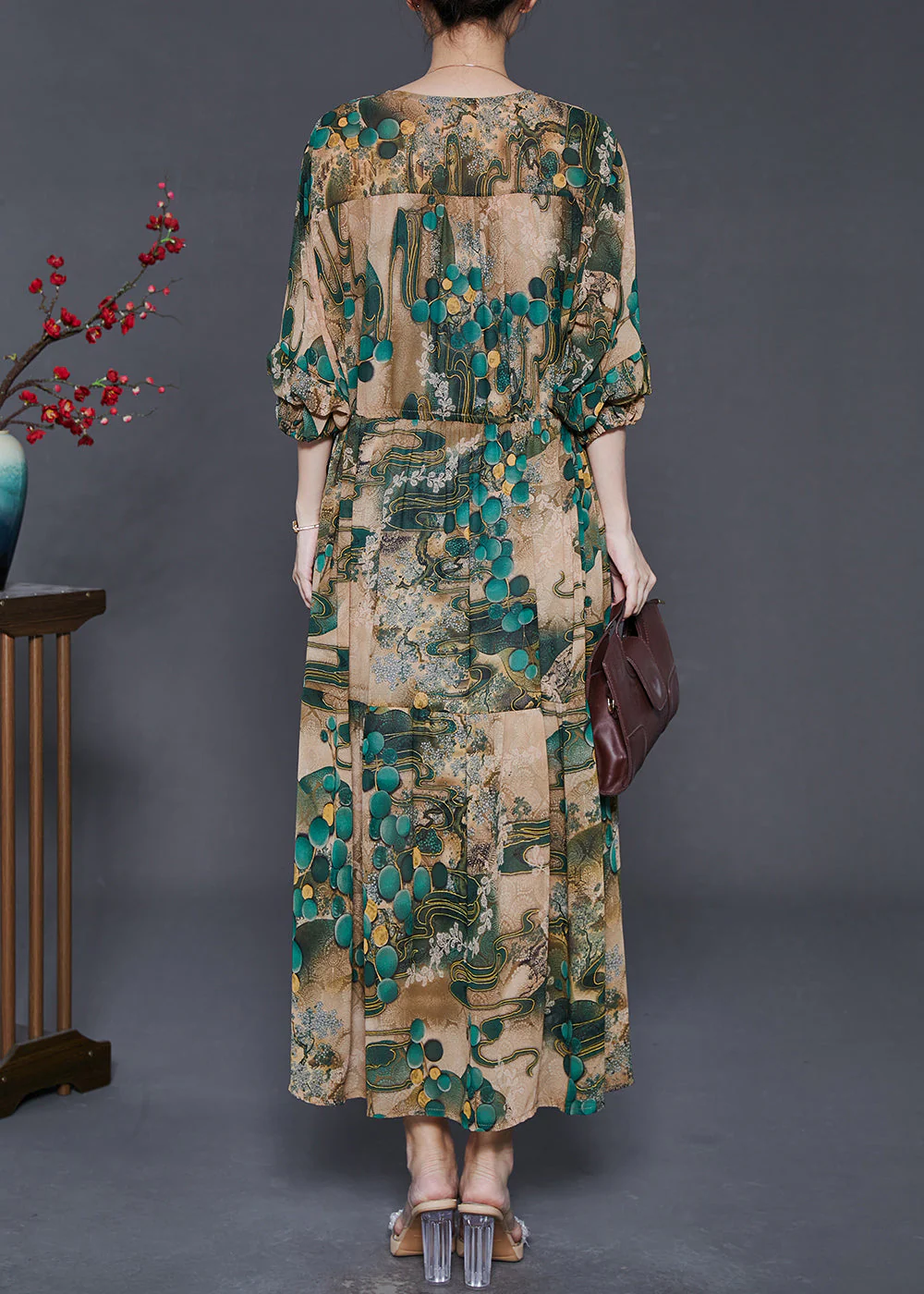 Plus Size Green Cinched Print Chiffon Long Dress Fall - Image 4