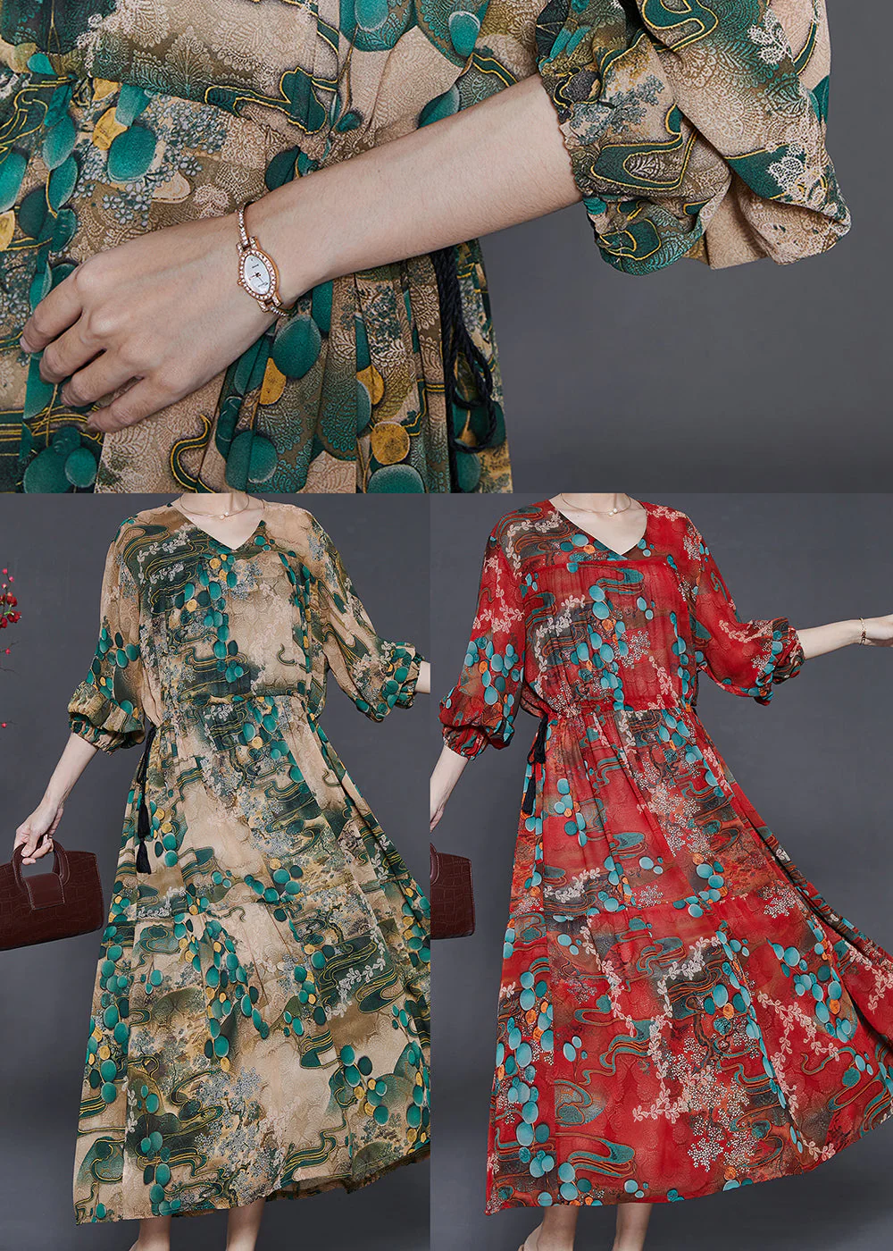Plus Size Green Cinched Print Chiffon Long Dress Fall - Image 5