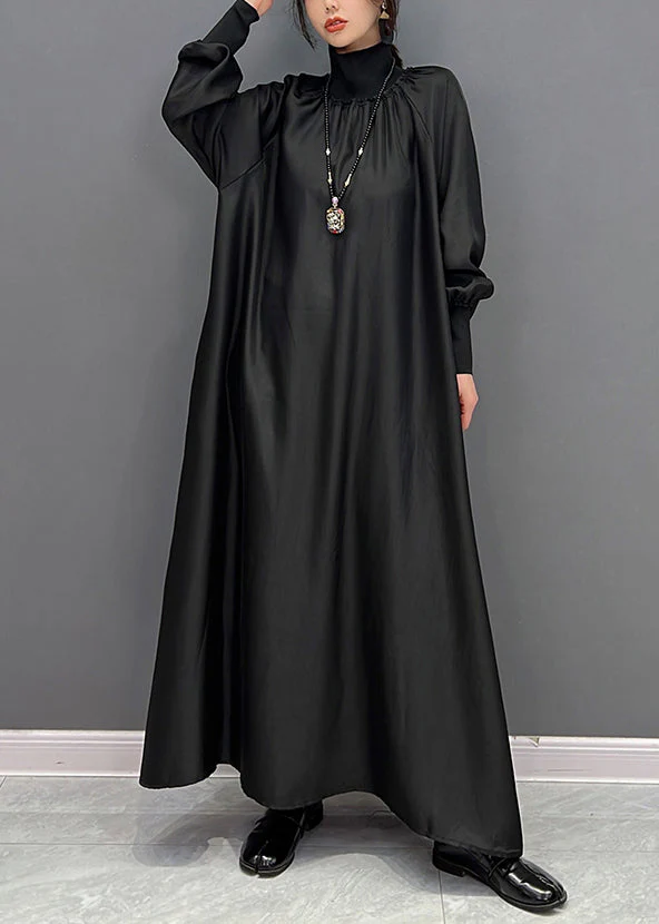 Plus Size Green Hign Neck Wrinkled Patchwork Silk Long Dresses Fall - Image 2