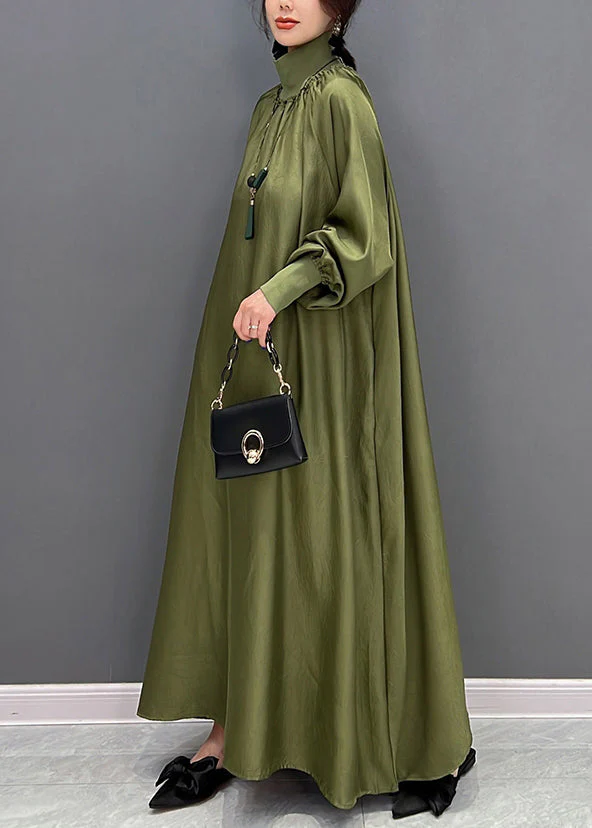 Plus Size Green Hign Neck Wrinkled Patchwork Silk Long Dresses Fall - Image 3