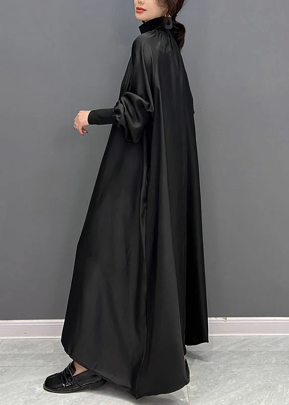 Plus Size Green Hign Neck Wrinkled Patchwork Silk Long Dresses Fall - Image 4