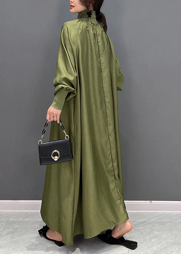 Plus Size Green Hign Neck Wrinkled Patchwork Silk Long Dresses Fall - Image 5