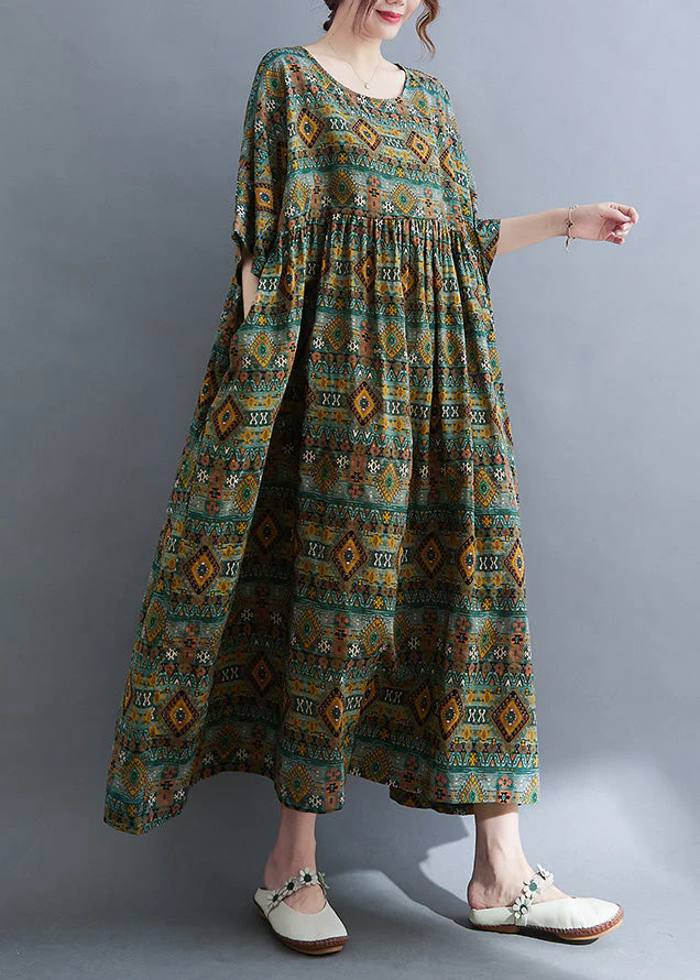 Plus Size Green O-Neck Patchwork Wrinkled Party Maxi Dress Short Sleeve - Image 4