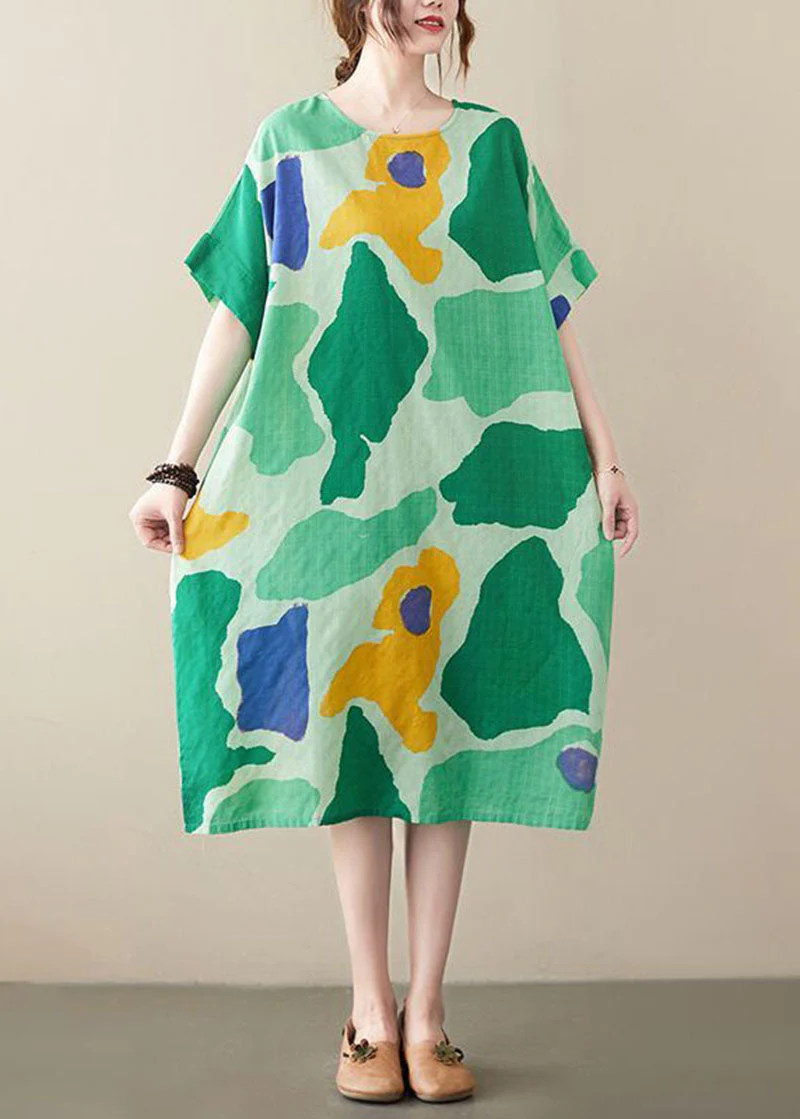 Plus Size Green O-Neck Print Cotton Holiday Dress Summer - Image 3