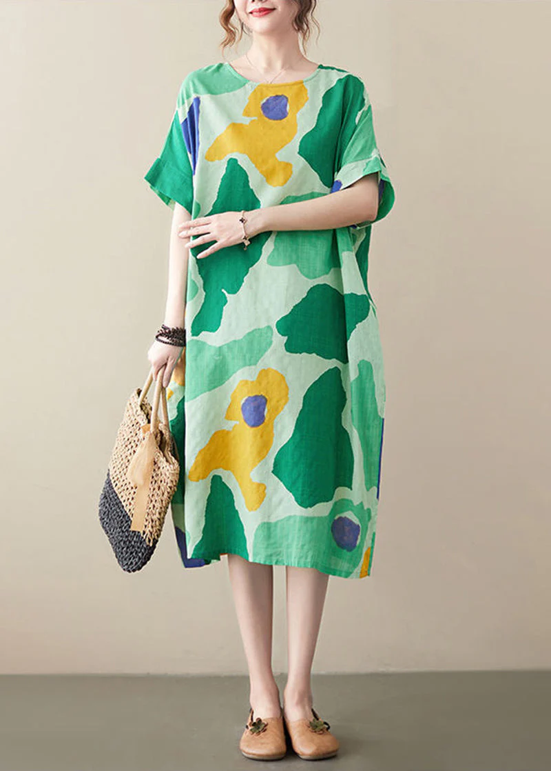 Plus Size Green O-Neck Print Cotton Holiday Dress Summer - Image 4