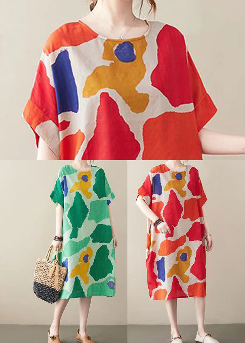 Plus Size Green O-Neck Print Cotton Holiday Dress Summer - Image 5