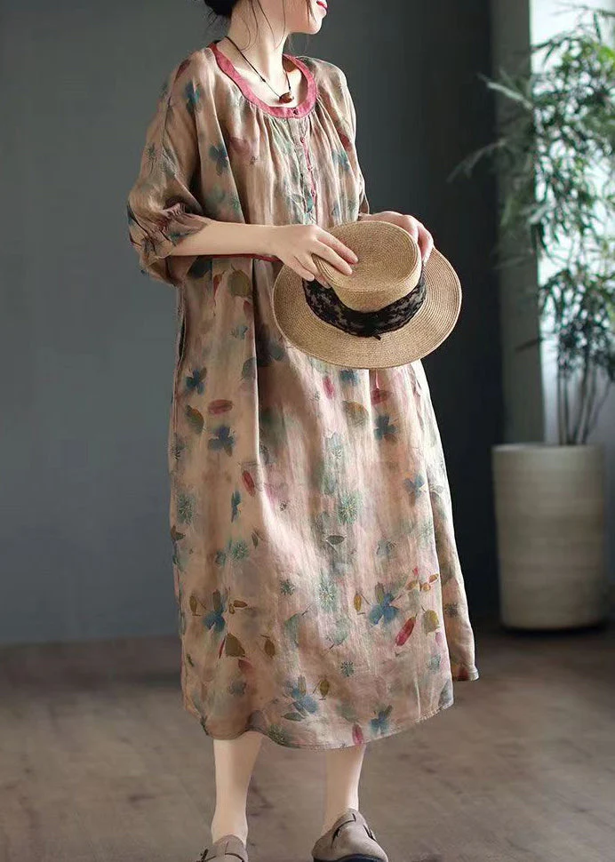 Plus Size Green O Neck Print Linen Long Dresses Half Sleeve - Image 2