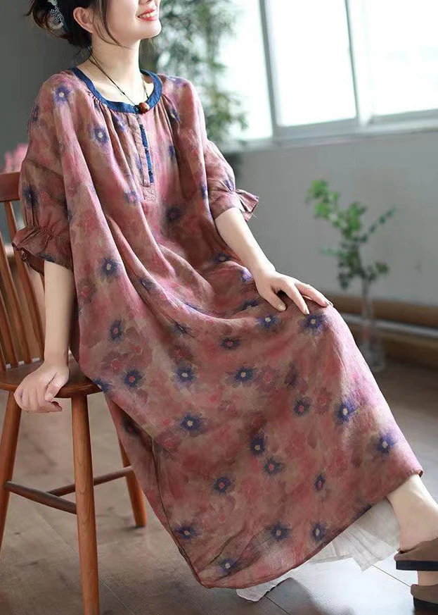 Plus Size Green O Neck Print Linen Long Dresses Half Sleeve - Image 3