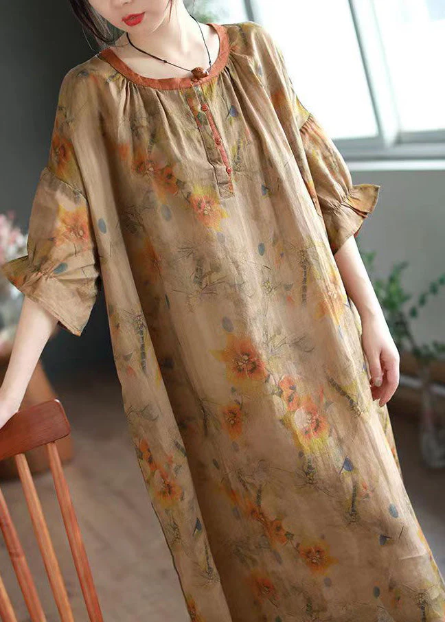 Plus Size Green O Neck Print Linen Long Dresses Half Sleeve - Image 4