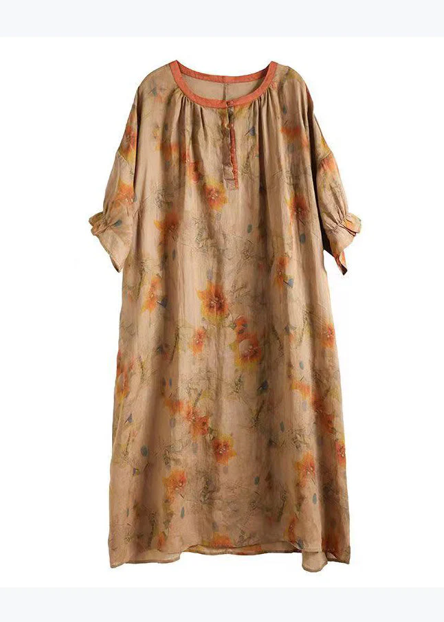 Plus Size Green O Neck Print Linen Long Dresses Half Sleeve - Image 5