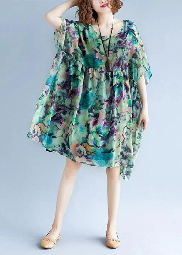Plus Size Green O Neck Print Patchwork Chiffon Dresses Summer - Image 2