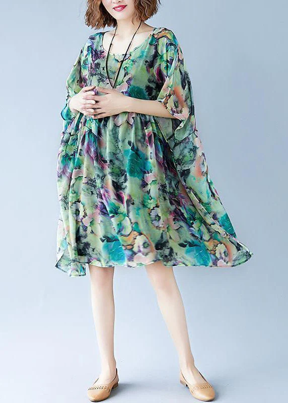 Plus Size Green O Neck Print Patchwork Chiffon Dresses Summer - Image 3