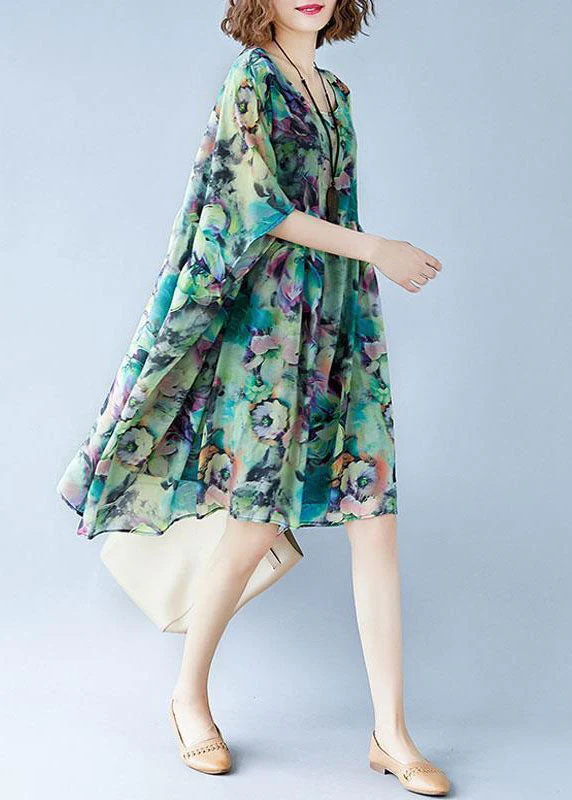 Plus Size Green O Neck Print Patchwork Chiffon Dresses Summer - Image 4