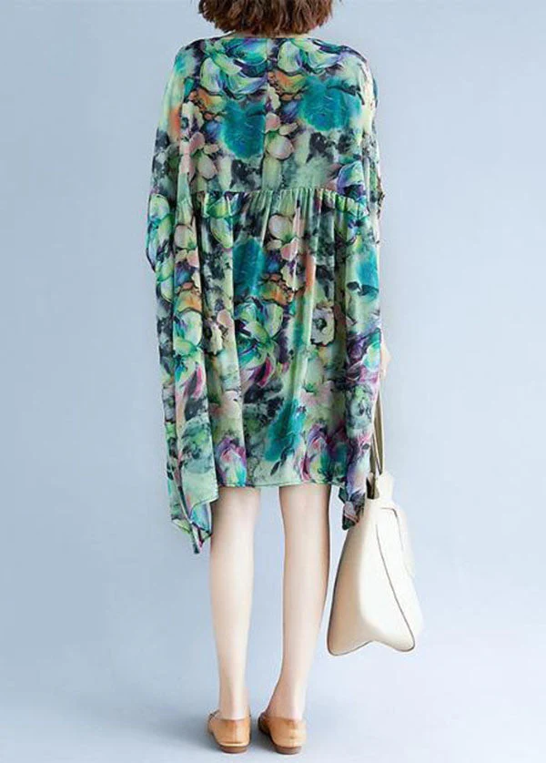 Plus Size Green O Neck Print Patchwork Chiffon Dresses Summer - Image 5
