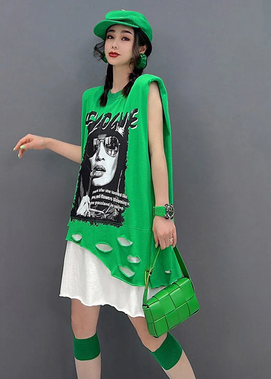 Plus Size Green O-Neck Print Patchwork Dress Sleeveless - Image 3