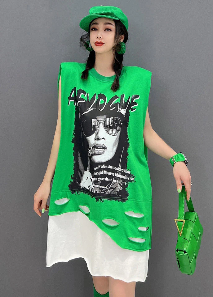 Plus Size Green O-Neck Print Patchwork Dress Sleeveless - Image 4