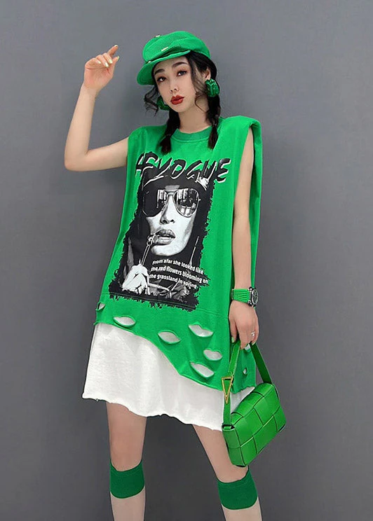 Plus Size Green O-Neck Print Patchwork Dress Sleeveless - Image 5