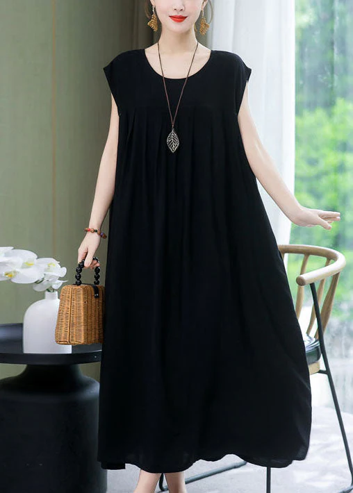 Plus Size Green O Neck Wrinkled Patchwork Cotton Dress Summer - Image 2